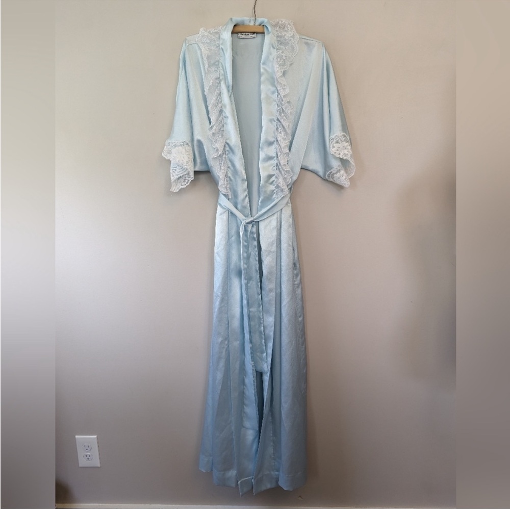 Dior Pale Blue Satin Robe with Lace Trim